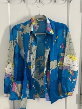 Sir James Vintage 70s World Map Button-Up Shirt - Blue Map Print